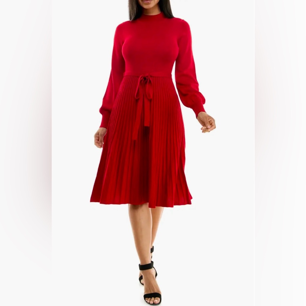 Nina Leonard Vibrant Red Long Sleeve Dress